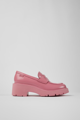 Side view of Milah Pink leather loafers for women