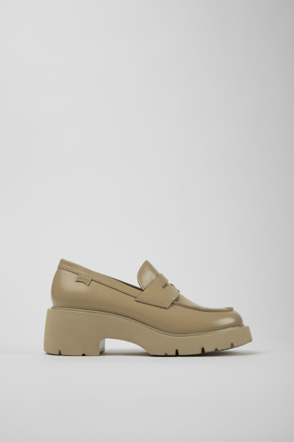 Side view of Milah Beige leather loafers for women