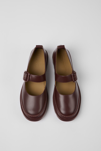 Overhead view of Brutus Burgundy leather Mary Jane flats for women