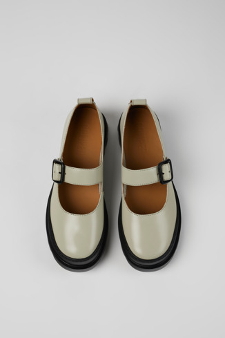 Overhead view of Brutus Gray leather Mary Jane flats for women