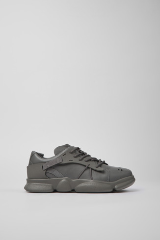 Side view of Karst Gray leather and textile sneakers for women
