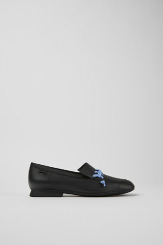 Side view of Casi Myra Black and blue leather loafers for women