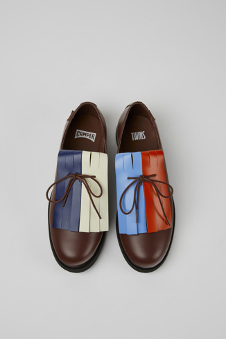 Overhead view of Twins Burgundy and blue leather shoes for women