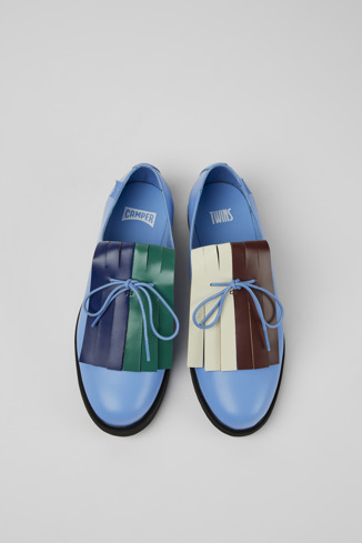Overhead view of Twins Blue and green leather shoes for women