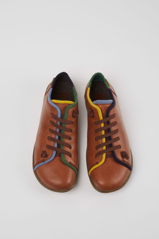 Overhead view of Twins Brown and blue leather shoes for women
