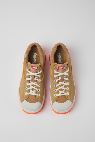 Overhead view of Teix Beige and white recycled textile shoes for women