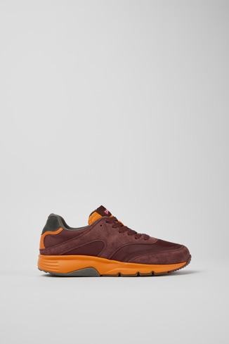 Side view of Drift Burgundy and orange textile and nubuck sneakers for women