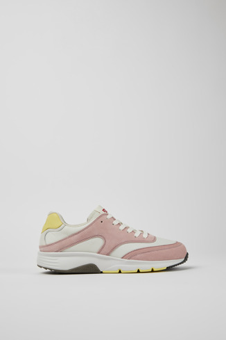 Side view of Drift White and pink textile and nubuck sneakers for women