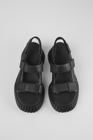 Overhead view of BCN Black leather sandals for women