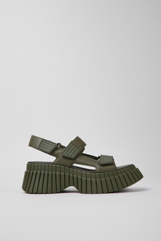 Side view of BCN Green leather sandals for women