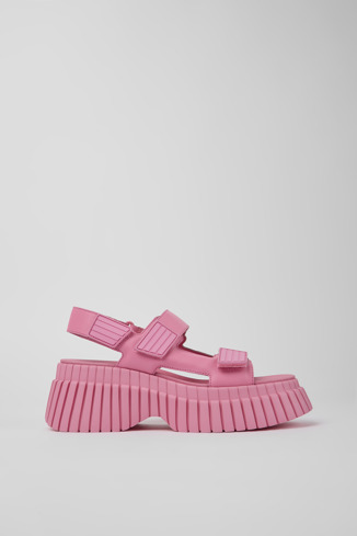 Side view of BCN Pink leather sandals for women