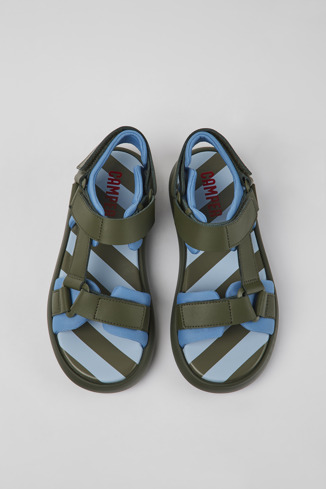 Overhead view of Pelotas Flota Green and blue leather and textile sandals for women