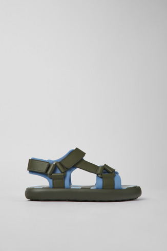Side view of Pelotas Flota Green and blue leather and textile sandals for women