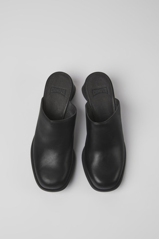 Overhead view of Kiara Black leather mules for women