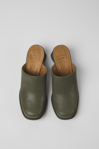 Overhead view of Kiara Green leather mules for women