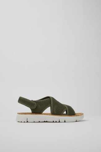 Side view of Oruga Green textile sandals for women