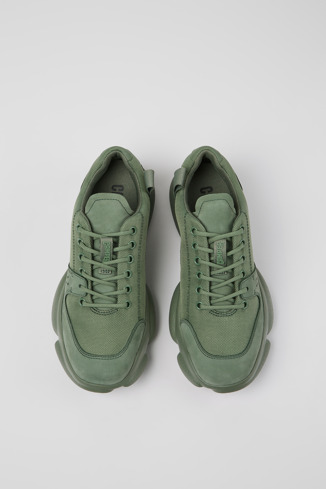 Overhead view of Karst Green leather and recycled PET sneakers for women