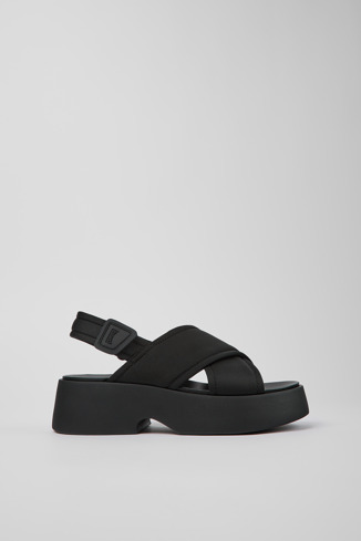 Side view of Tasha Black Textile Cross-strap Sandal for Women