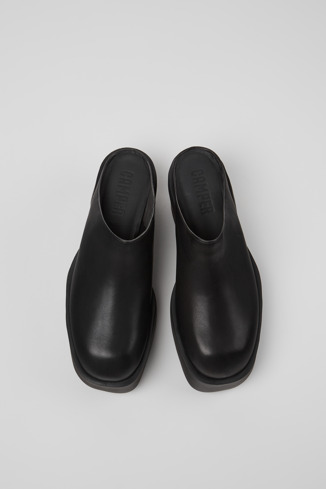 Overhead view of Billie Black leather clogs for women