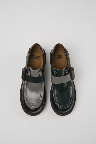 Overhead view of Twins Black and gray leather loafers for women