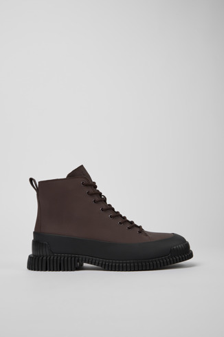 Side view of Pix Brown and black leather lace-up boots for men