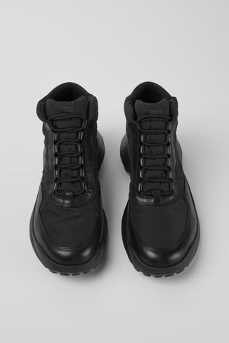 Overhead view of CRCLR Breathable men's black textile ankle boots