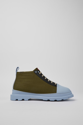 Side view of Brutus Green, blue, and black shoes for men
