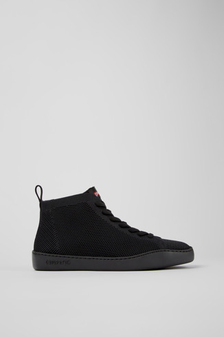 Side view of Peu Touring Black one-piece knit sneakers for men