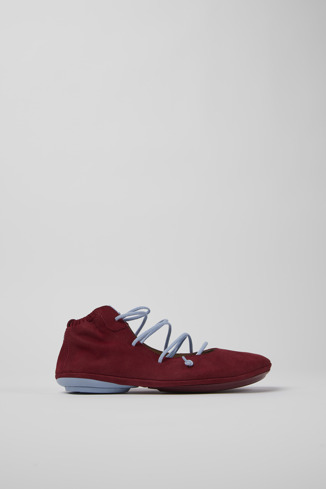 Side view of Right Burgundy and blue nubuck shoes for women