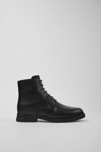 Side view of Iman Black leather lace-up boots for women