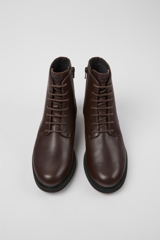 Overhead view of Iman Brown leather lace-up boots for women
