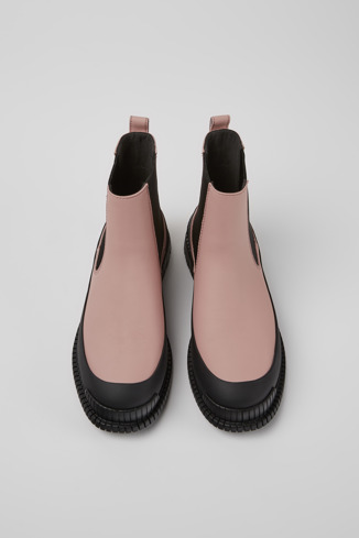 Overhead view of Pix Pink and black leather Chelsea boots for women