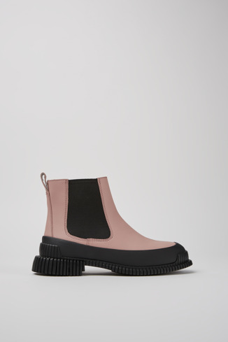 Side view of Pix Pink and black leather Chelsea boots for women