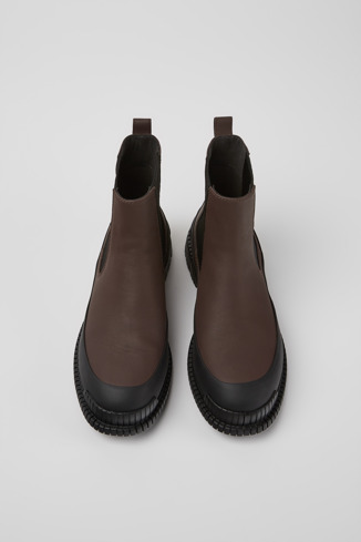 Overhead view of Pix Brown and black leather Chelsea boots for women