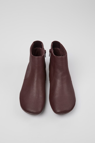 Overhead view of Right Burgundy leather ankle boots for women