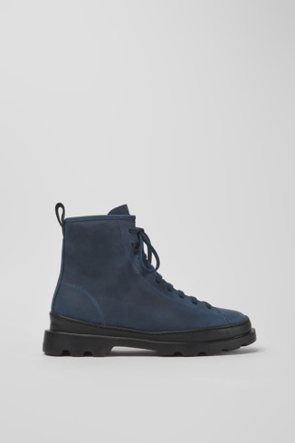 Side view of Brutus Blue waxed nubuck lace-up boots