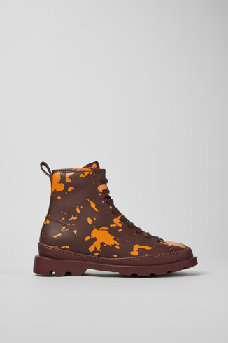 Side view of Brutus Burgundy and orange printed leather ankle boots for women
