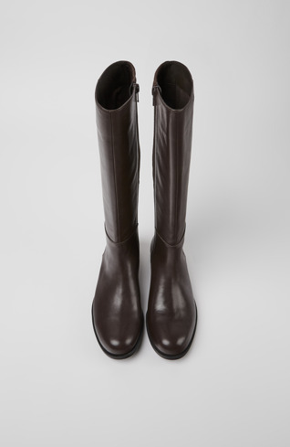 Overhead view of Mil Dark brown leather and textile high boots for women