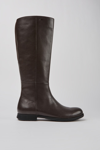 Side view of Mil Dark brown leather and textile high boots for women