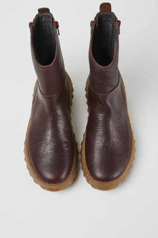 Overhead view of Ground Burgundy leather boots for women