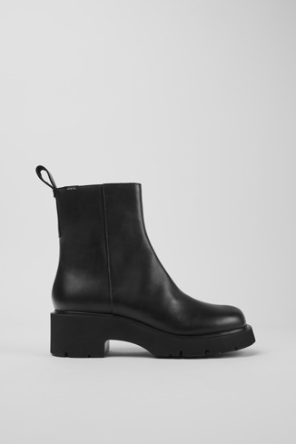 Side view of Milah Black leather zip boots for women