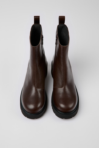 Overhead view of Milah Brown leather zip boots for women