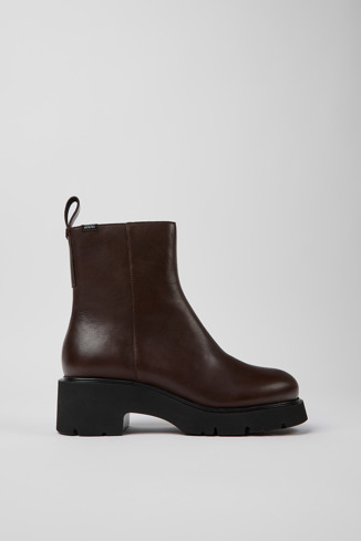 Side view of Milah Brown leather zip boots for women