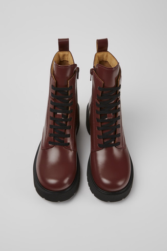Overhead view of Milah Burgundy lace-up boots for women