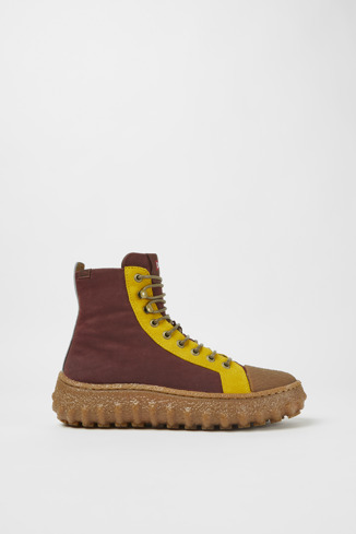 Side view of Ground Burgundy and yellow ankle boots