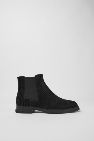 Side view of Iman Black nubuck ankle boots