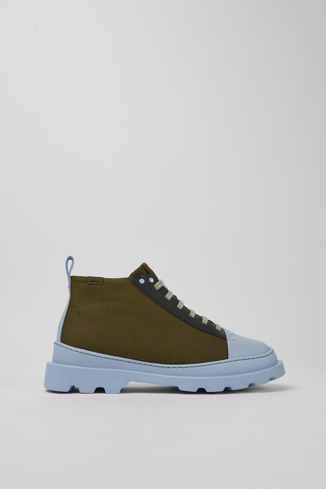 Side view of Brutus Green, blue, and black shoes for women
