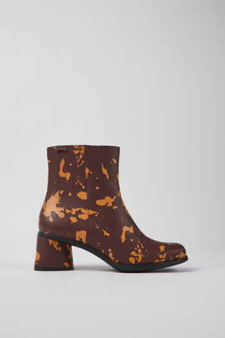 Side view of Kiara Burgundy and orange printed leather ankle boots