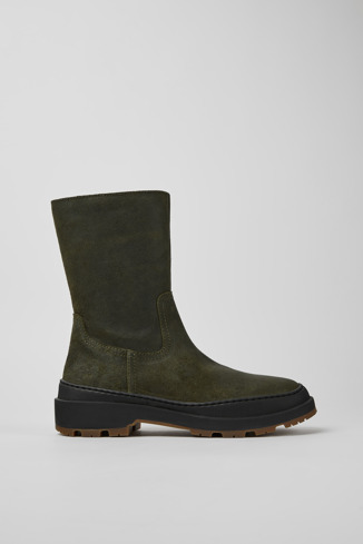 Side view of Brutus Trek Green nubuck ankle boots for women