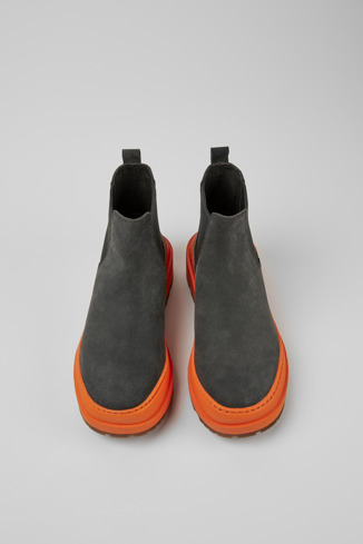 Overhead view of Brutus Trek Dark gray and orange nubuck ankle boots for women